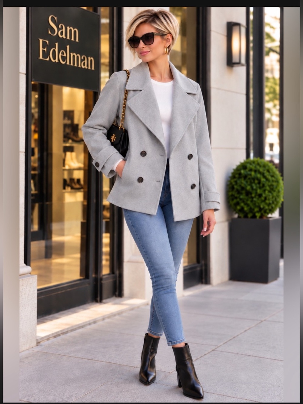 Sam Edelman Light Gray Double-Breasted Wool-Blend Peacoat  L